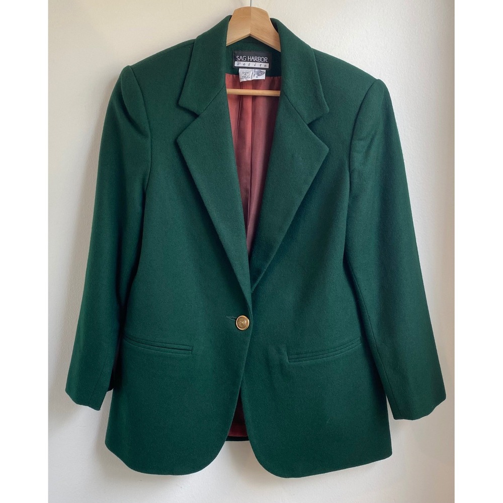Sag Harbor Petite Blazer Jacket Womens 4 Green Wool Single Button Vintage 90s